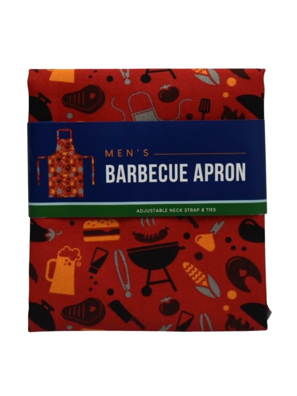 Mens Barbecue Apron Adjustable Neck Strap Ties Red BBQ Themed Print 100% Cotton